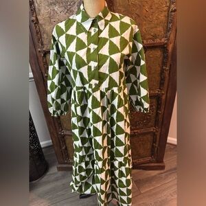Maeve Green and White‎ Geometric Button-Front Maxi Dress XS